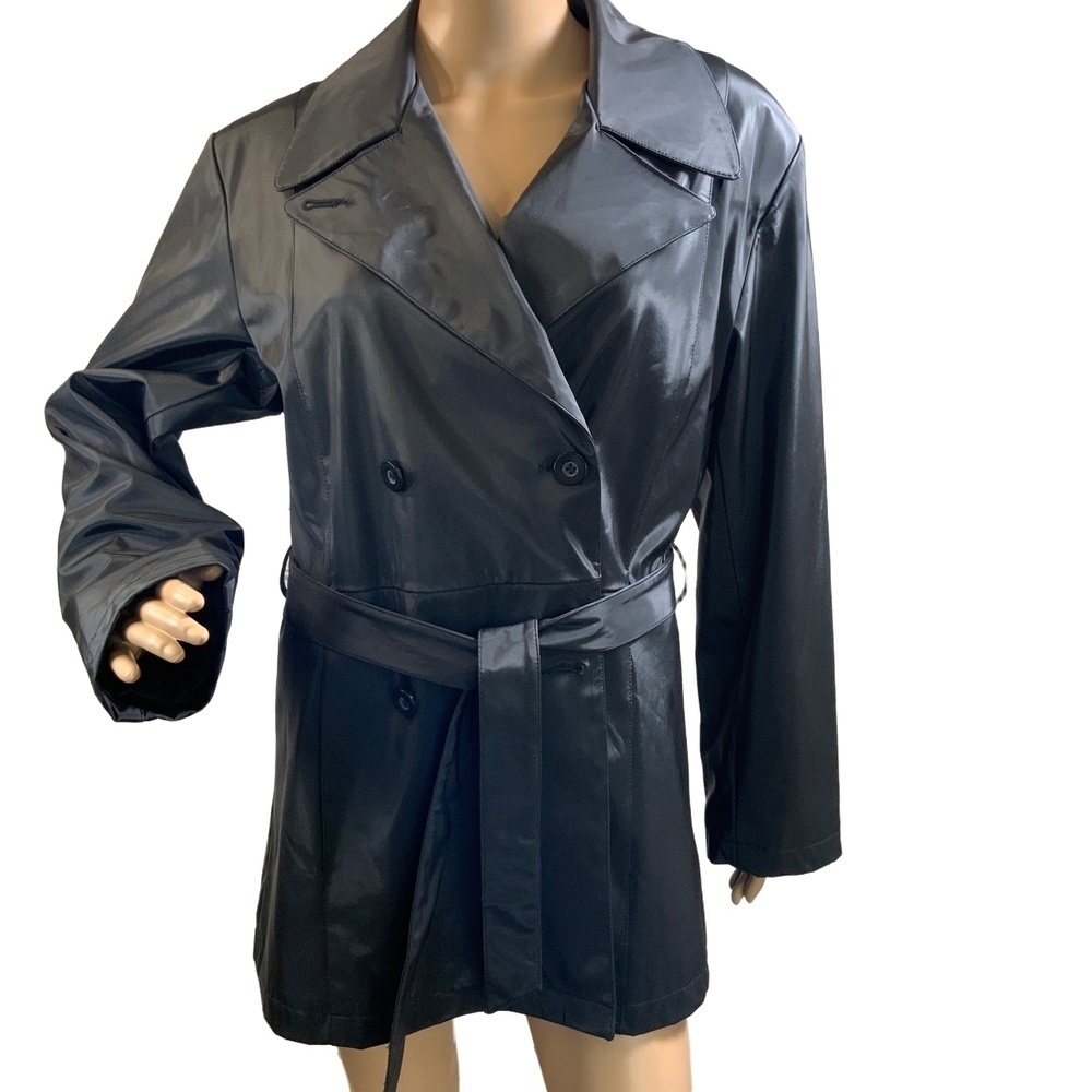 NY & CO Black Belted Trench Coat Sz Med Corpcore Sleek Chic Preppy Contemporary